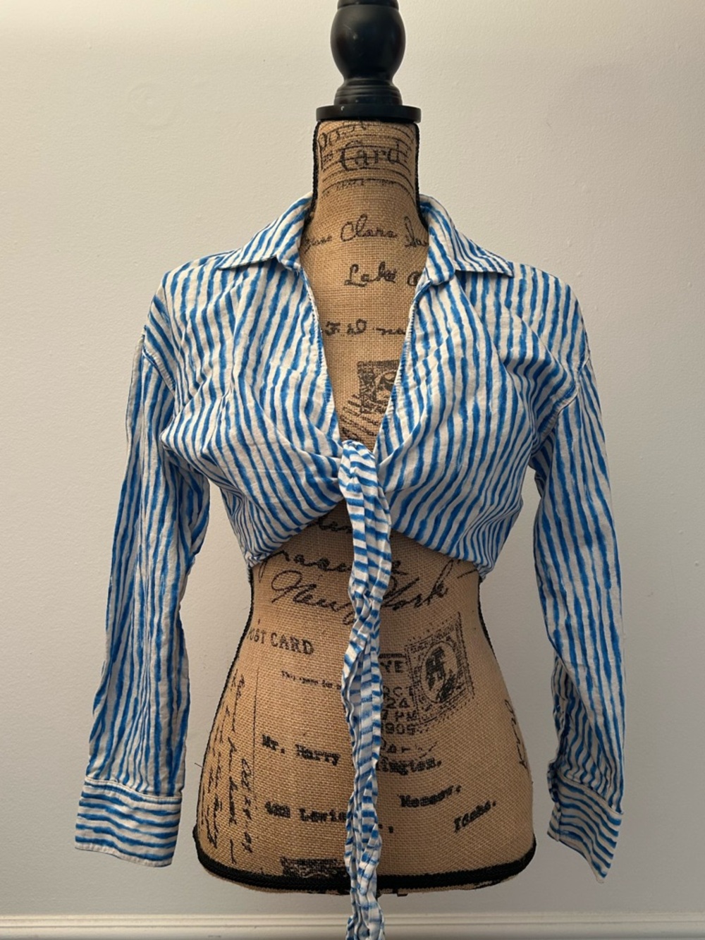 Zara Striped Blue Tie-Front Long Sleeve Crop Top Size Small